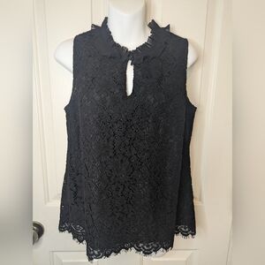 J.Crew Lace Ruffle-Neck Top Black Key Hole Botton Blouse, Size Small
